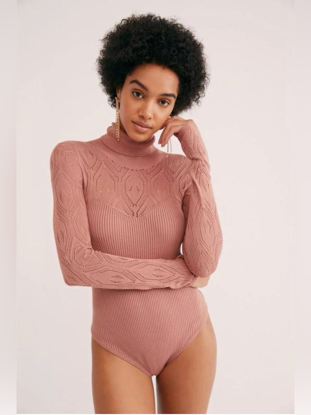 Free People Dusty Rose Pointelle Turtleneck Ribbed Bodysuit